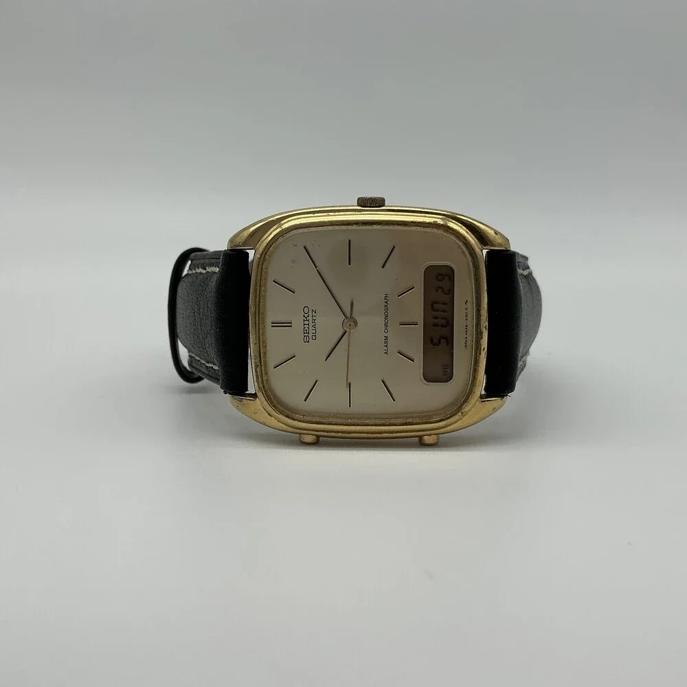 Vintage Seiko H449-5109 Mens Watch 28mm Alarm Chronograph Gold Tone New Battery